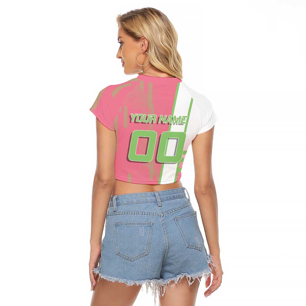 Personalized Mitsuri Kanroji Demon Slayer Badminton Raglan Cropped T Shirt with Racket Action Pose and Pink Green Graphic Design - The Mazicc