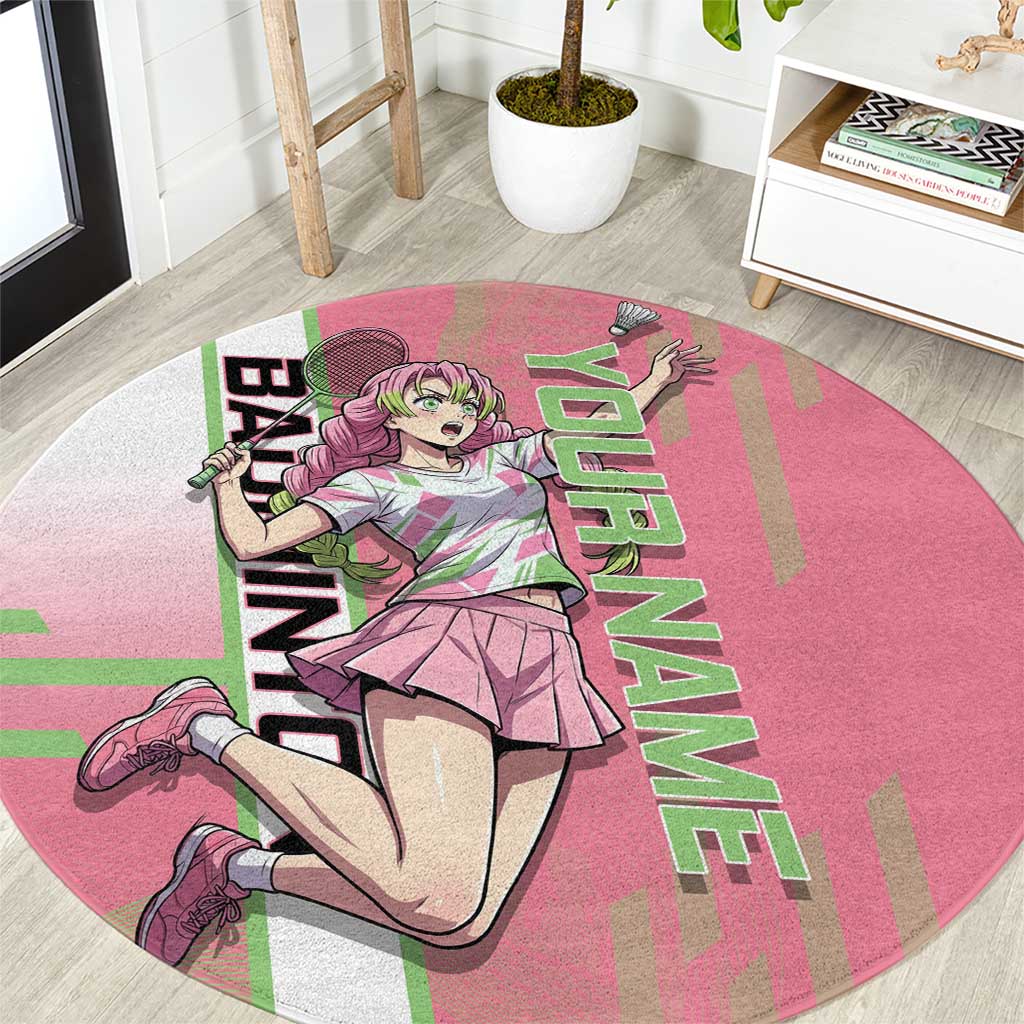 Personalized Mitsuri Kanroji Demon Slayer Badminton Round Carpet with Racket Action Pose and Pink Green Graphic Design - The Mazicc