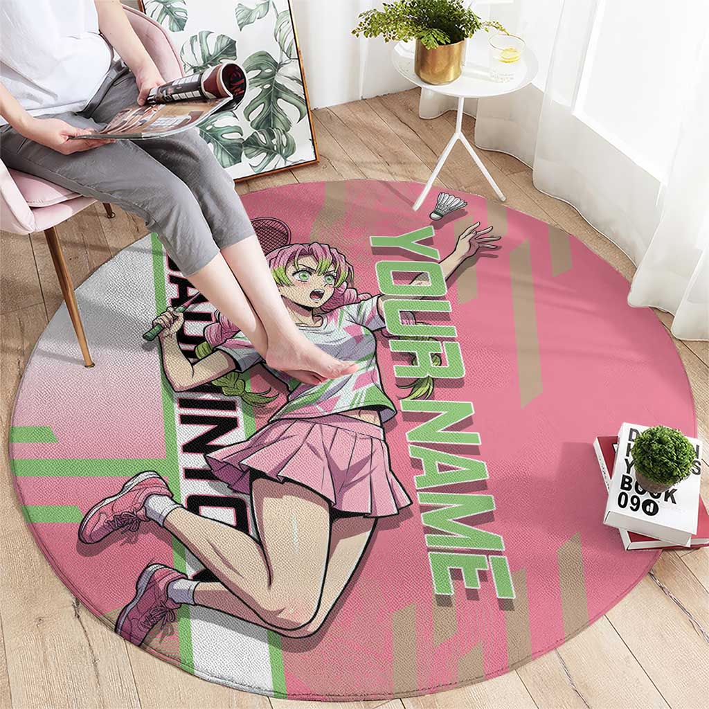 Personalized Mitsuri Kanroji Demon Slayer Badminton Round Carpet with Racket Action Pose and Pink Green Graphic Design - The Mazicc