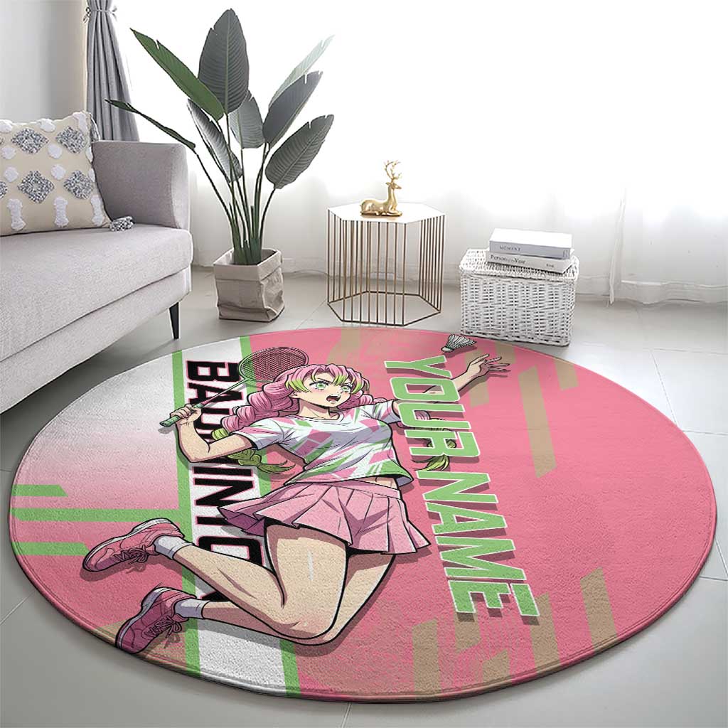Personalized Mitsuri Kanroji Demon Slayer Badminton Round Carpet with Racket Action Pose and Pink Green Graphic Design - The Mazicc