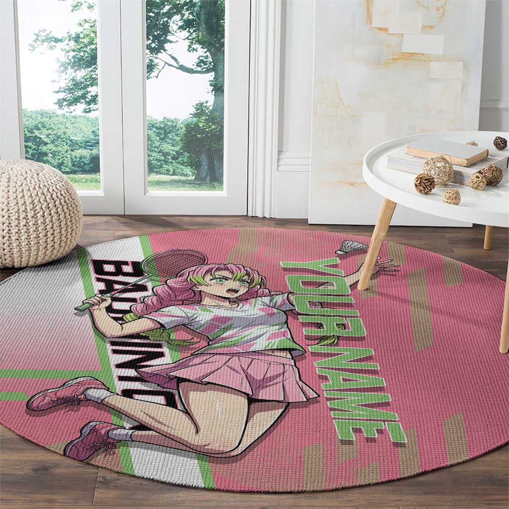 Personalized Mitsuri Kanroji Demon Slayer Badminton Round Carpet with Racket Action Pose and Pink Green Graphic Design - The Mazicc