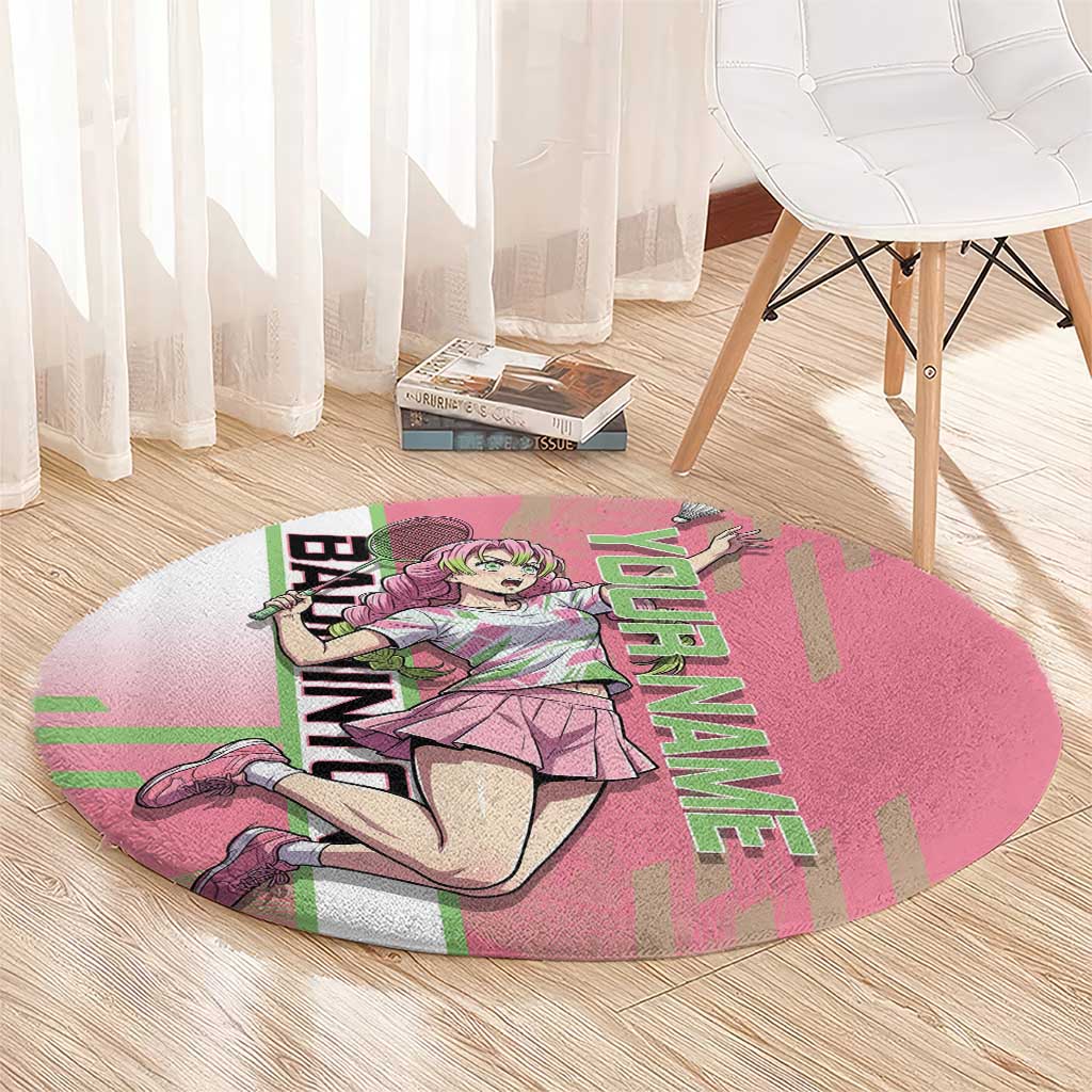 Personalized Mitsuri Kanroji Demon Slayer Badminton Round Carpet with Racket Action Pose and Pink Green Graphic Design - The Mazicc
