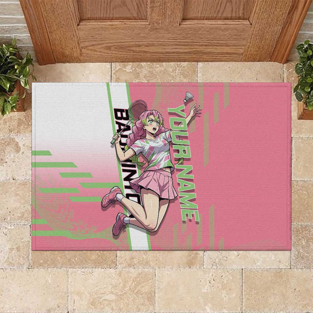 Personalized Mitsuri Kanroji Demon Slayer Badminton Rubber Doormat with Racket Action Pose and Pink Green Graphic Design - The Mazicc