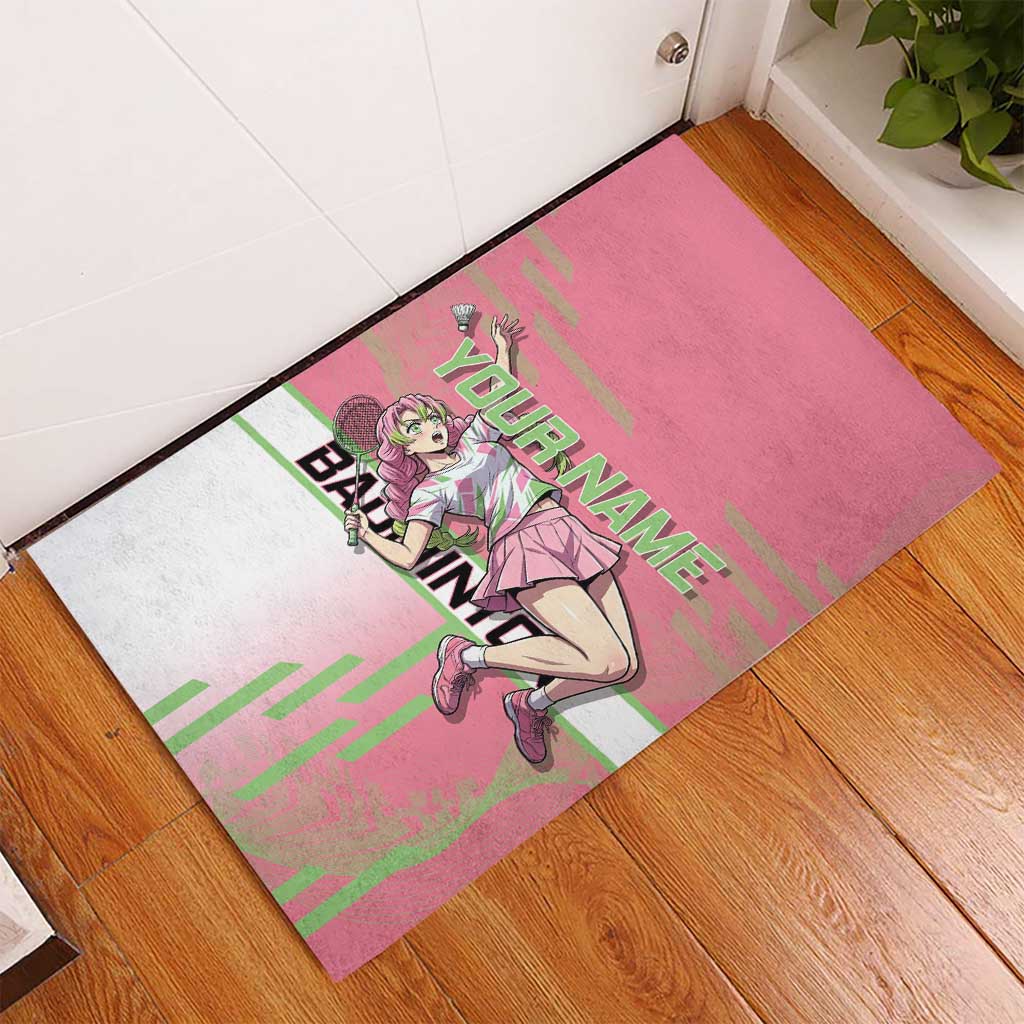 Personalized Mitsuri Kanroji Demon Slayer Badminton Rubber Doormat with Racket Action Pose and Pink Green Graphic Design - The Mazicc