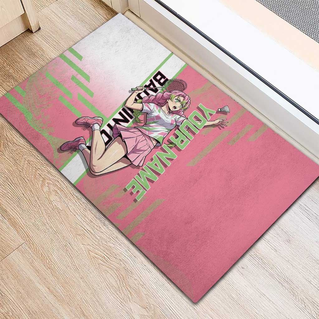 Personalized Mitsuri Kanroji Demon Slayer Badminton Rubber Doormat with Racket Action Pose and Pink Green Graphic Design - The Mazicc