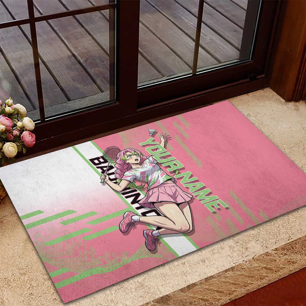 Personalized Mitsuri Kanroji Demon Slayer Badminton Rubber Doormat with Racket Action Pose and Pink Green Graphic Design - The Mazicc