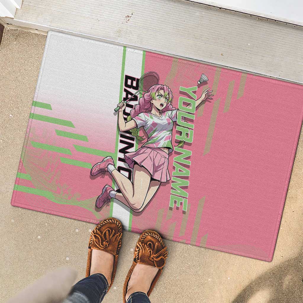 Personalized Mitsuri Kanroji Demon Slayer Badminton Rubber Doormat with Racket Action Pose and Pink Green Graphic Design - The Mazicc
