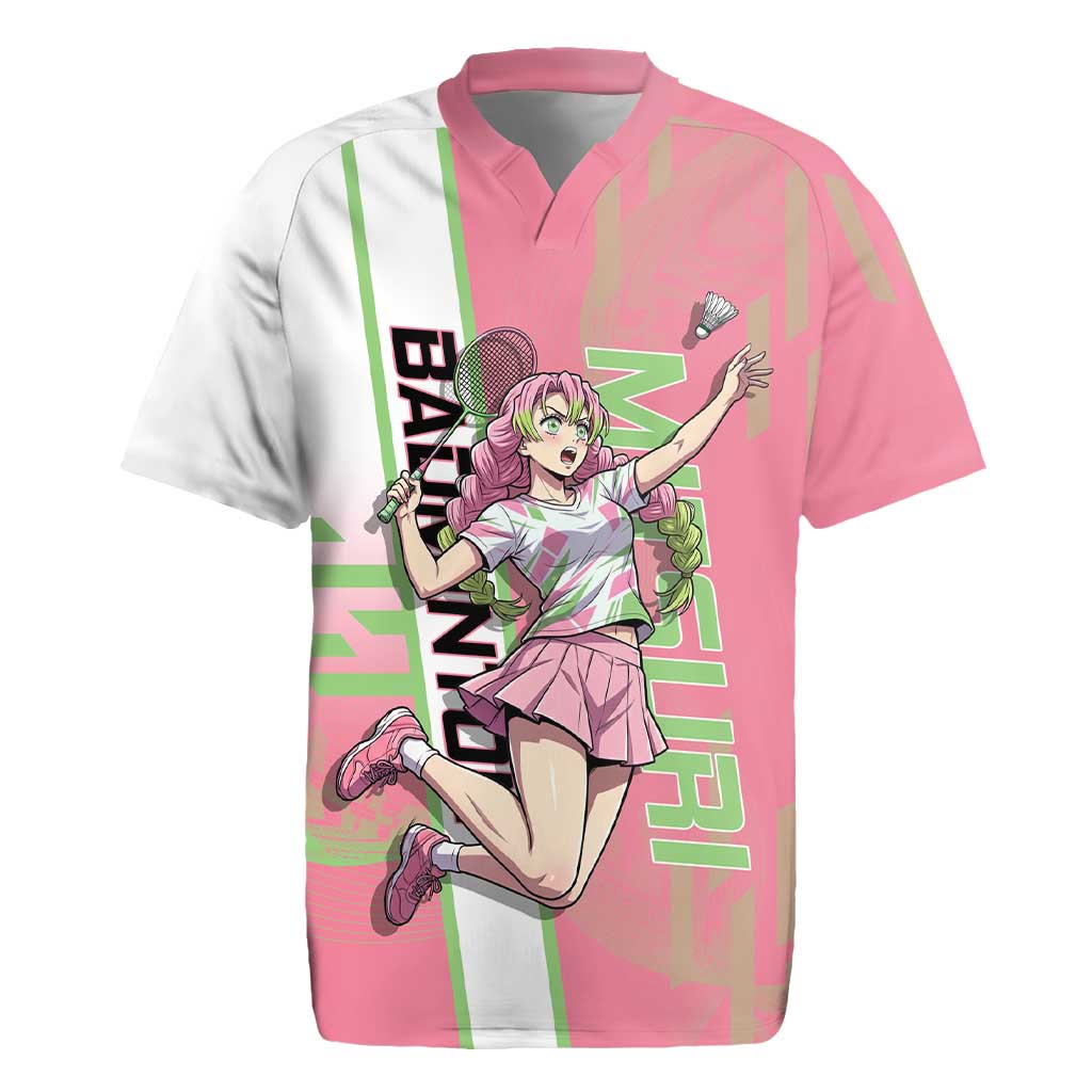 Personalized Mitsuri Kanroji Demon Slayer Badminton Rugby Jersey with Racket Action Pose and Pink Green Graphic Design - The Mazicc