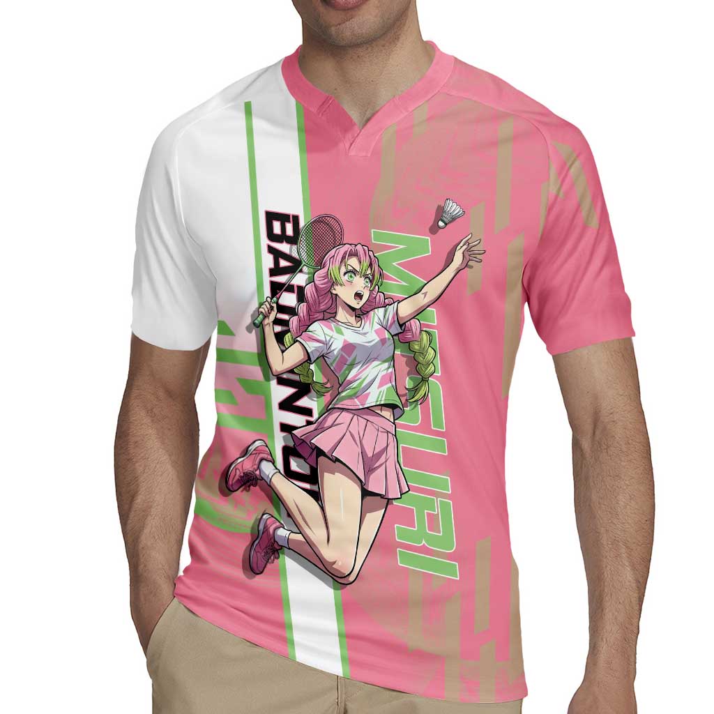 Personalized Mitsuri Kanroji Demon Slayer Badminton Rugby Jersey with Racket Action Pose and Pink Green Graphic Design - The Mazicc