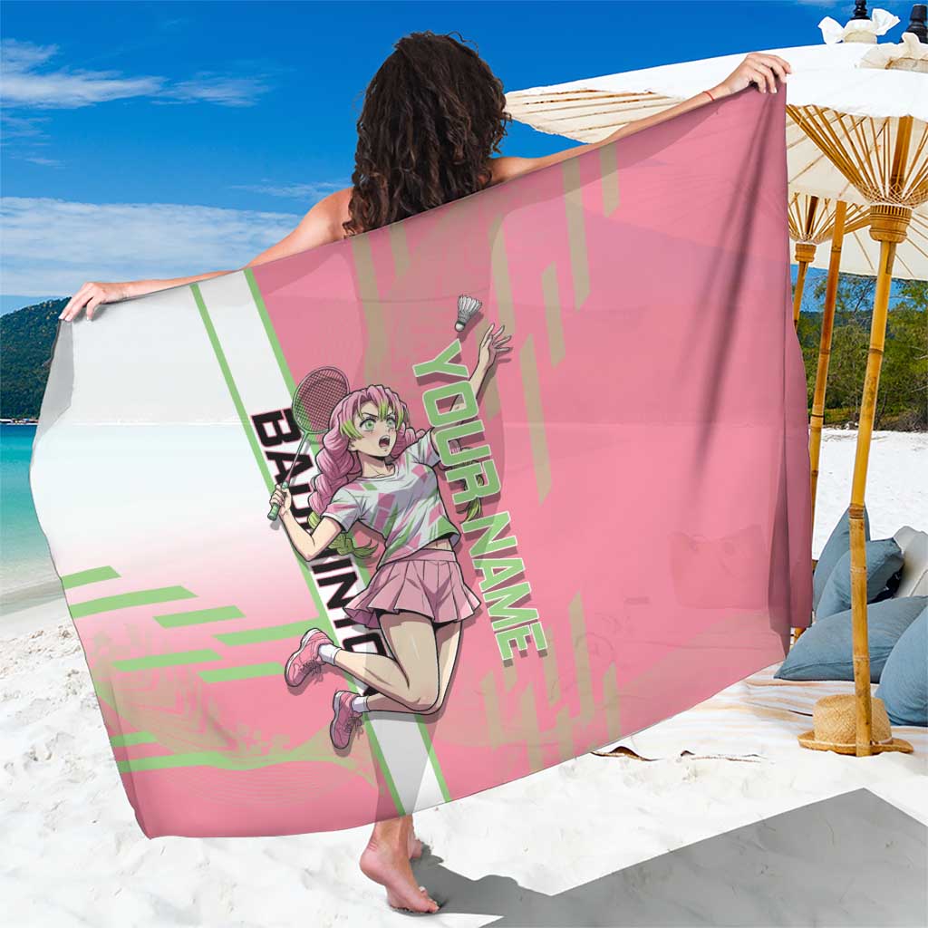 Personalized Mitsuri Kanroji Demon Slayer Badminton Sarong with Racket Action Pose and Pink Green Graphic Design - The Mazicc