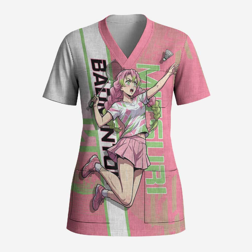 Personalized Mitsuri Kanroji Demon Slayer Badminton Scrub Top with Racket Action Pose and Pink Green Graphic Design - The Mazicc