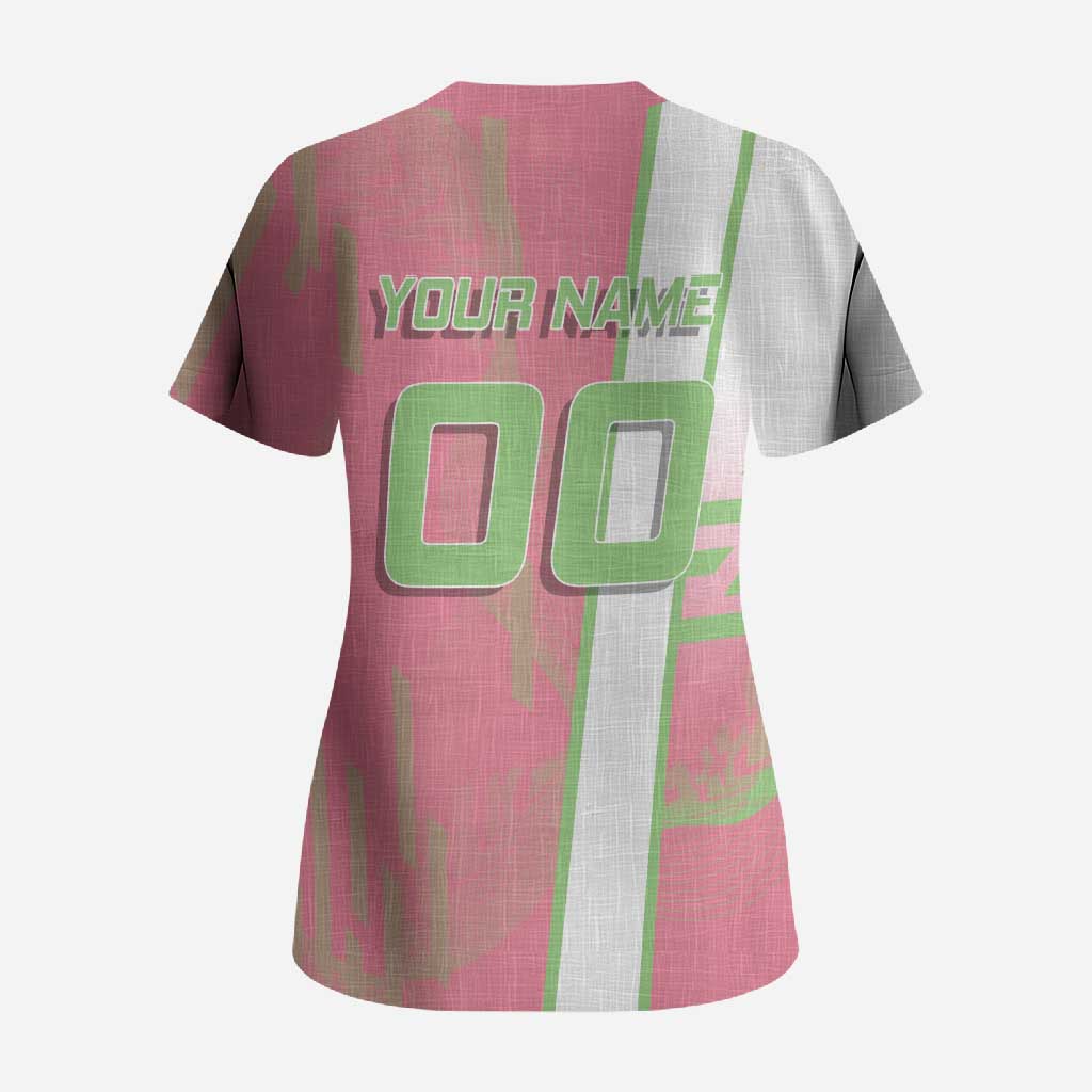 Personalized Mitsuri Kanroji Demon Slayer Badminton Scrub Top with Racket Action Pose and Pink Green Graphic Design - The Mazicc