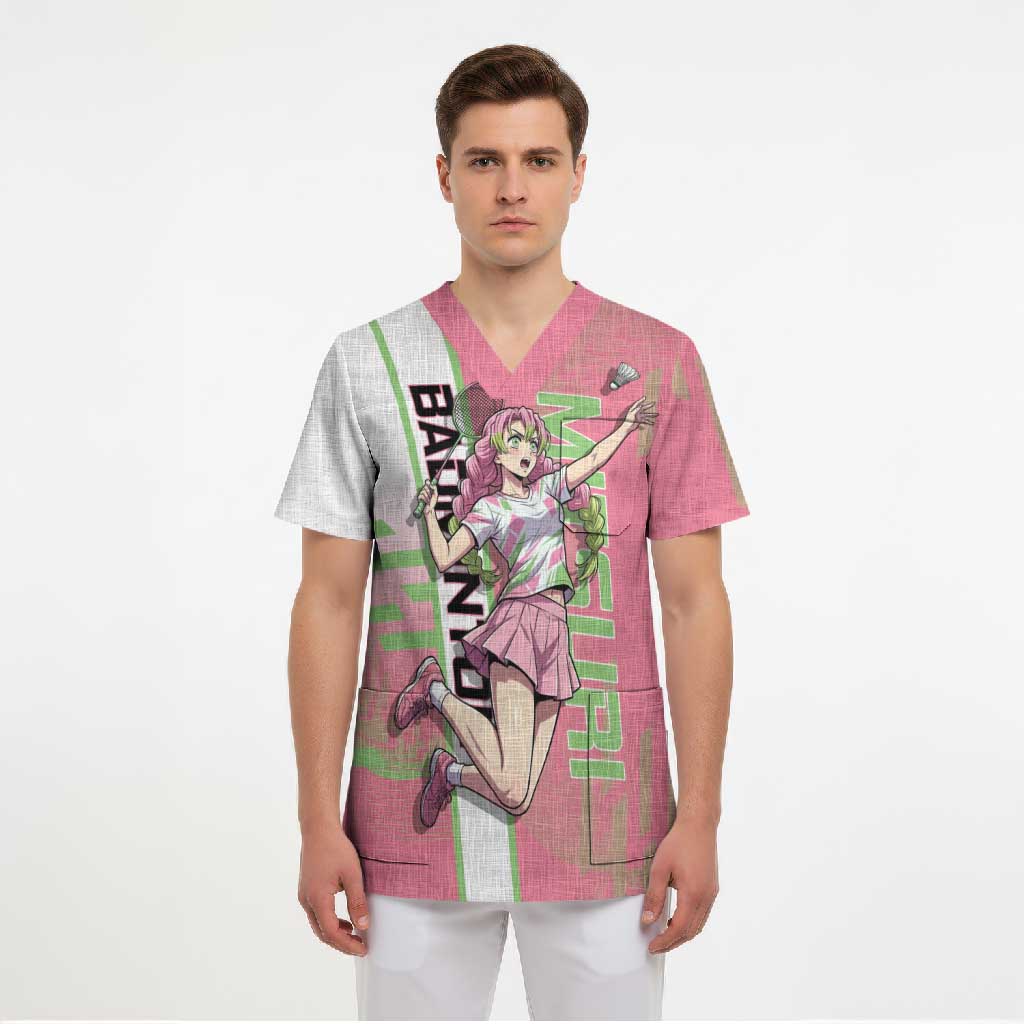 Personalized Mitsuri Kanroji Demon Slayer Badminton Scrub Top with Racket Action Pose and Pink Green Graphic Design - The Mazicc