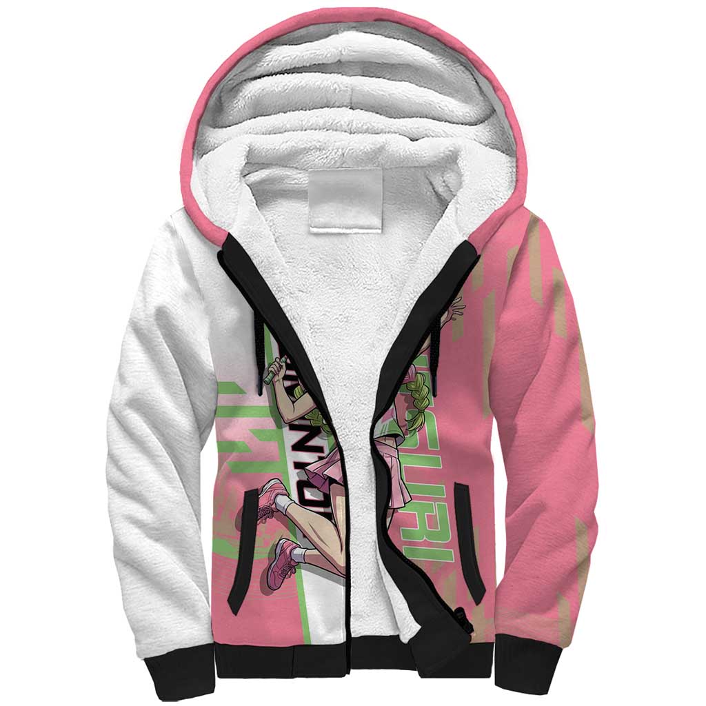Personalized Mitsuri Kanroji Demon Slayer Badminton Sherpa Hoodie with Racket Action Pose and Pink Green Graphic Design - The Mazicc