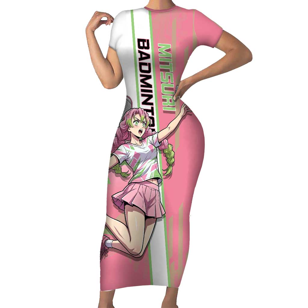 Personalized Mitsuri Kanroji Demon Slayer Badminton Short Sleeve Bodycon Dress with Racket Action Pose and Pink Green Graphic Design - The Mazicc