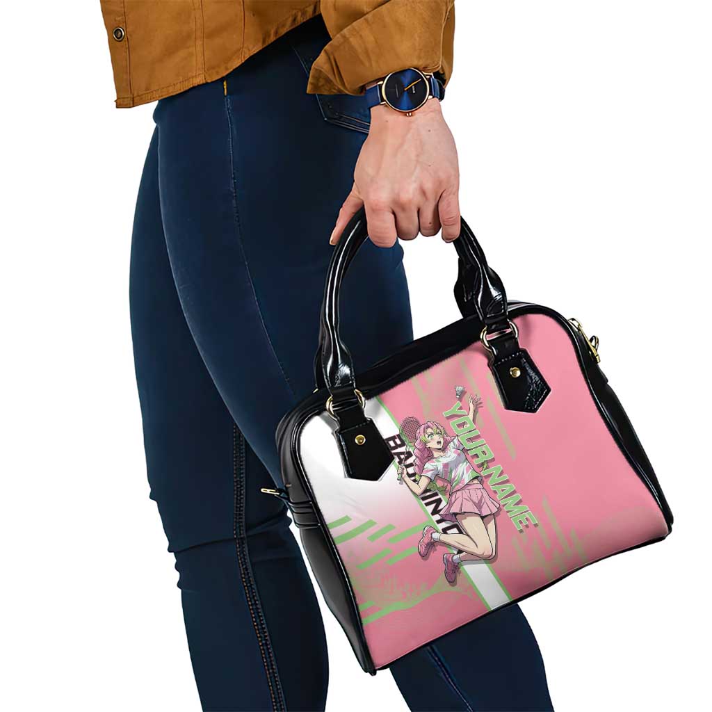 Personalized Mitsuri Kanroji Demon Slayer Badminton Shoulder Handbag with Racket Action Pose and Pink Green Graphic Design - The Mazicc
