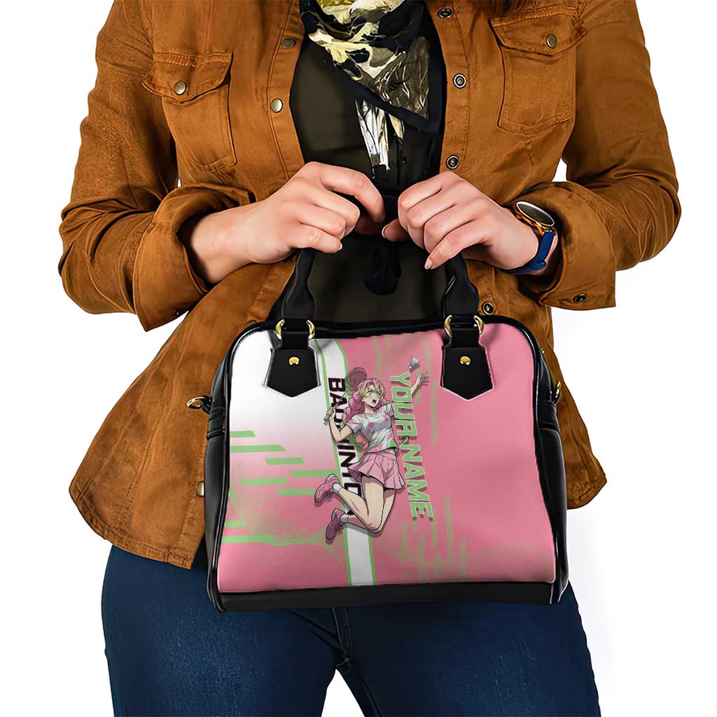 Personalized Mitsuri Kanroji Demon Slayer Badminton Shoulder Handbag with Racket Action Pose and Pink Green Graphic Design - The Mazicc