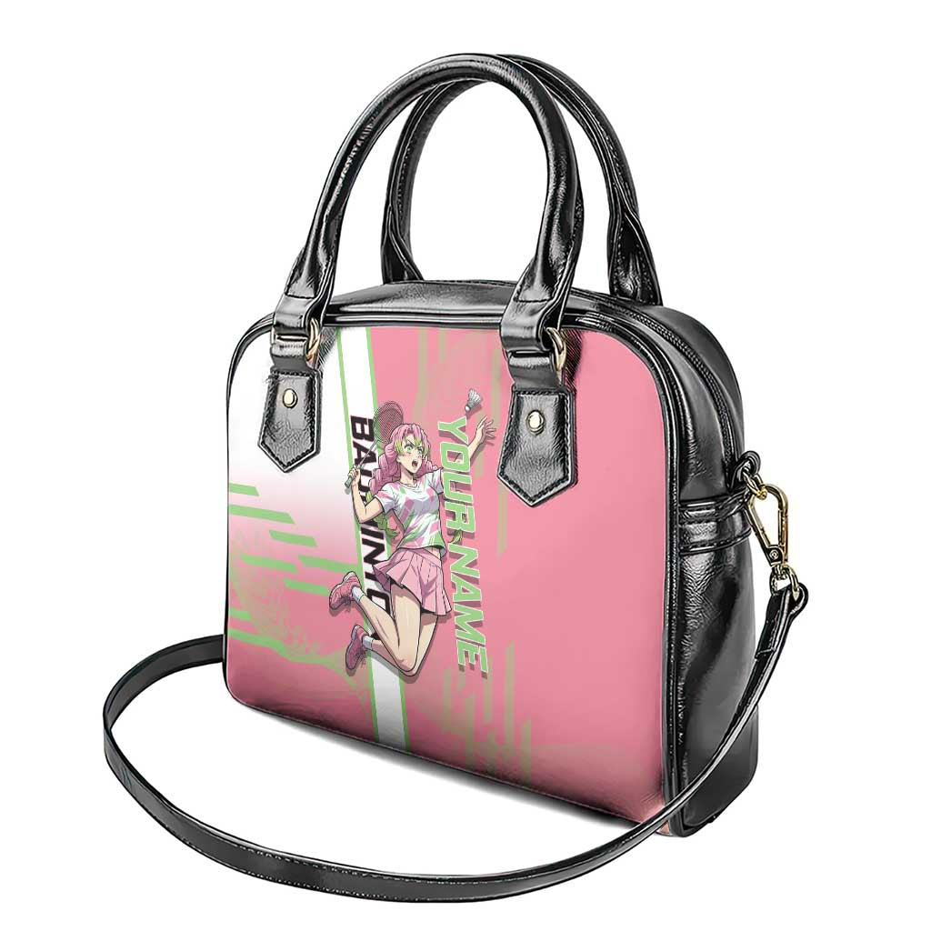 Personalized Mitsuri Kanroji Demon Slayer Badminton Shoulder Handbag with Racket Action Pose and Pink Green Graphic Design - The Mazicc