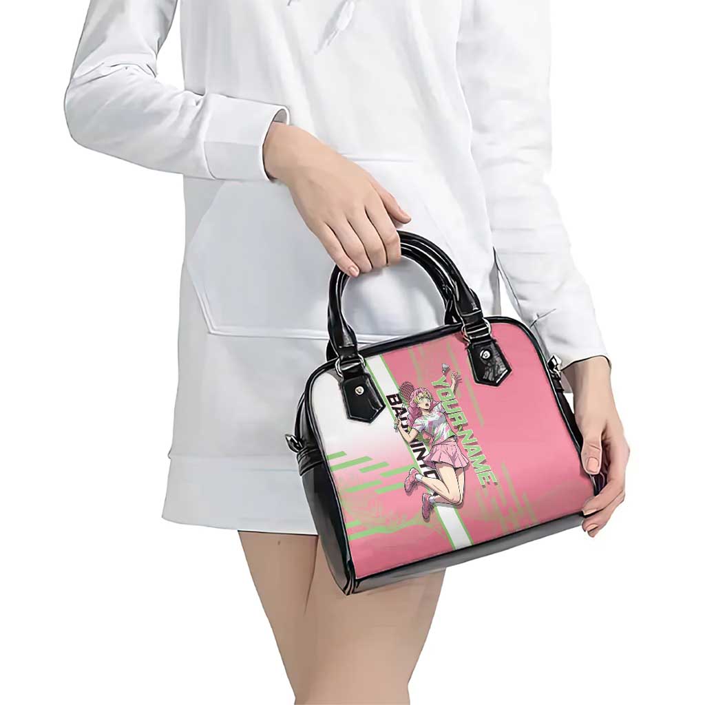 Personalized Mitsuri Kanroji Demon Slayer Badminton Shoulder Handbag with Racket Action Pose and Pink Green Graphic Design - The Mazicc