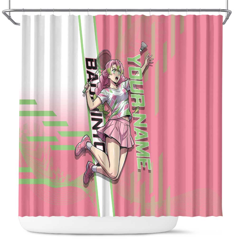 Personalized Mitsuri Kanroji Demon Slayer Badminton Shower Curtain with Racket Action Pose and Pink Green Graphic Design - The Mazicc