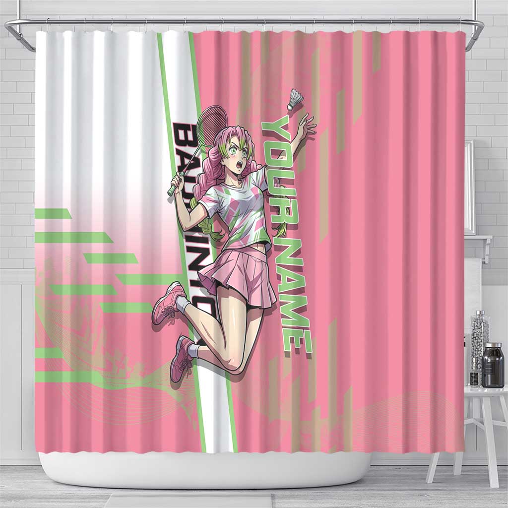 Personalized Mitsuri Kanroji Demon Slayer Badminton Shower Curtain with Racket Action Pose and Pink Green Graphic Design - The Mazicc