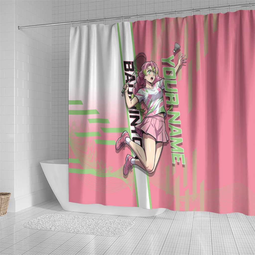 Personalized Mitsuri Kanroji Demon Slayer Badminton Shower Curtain with Racket Action Pose and Pink Green Graphic Design - The Mazicc