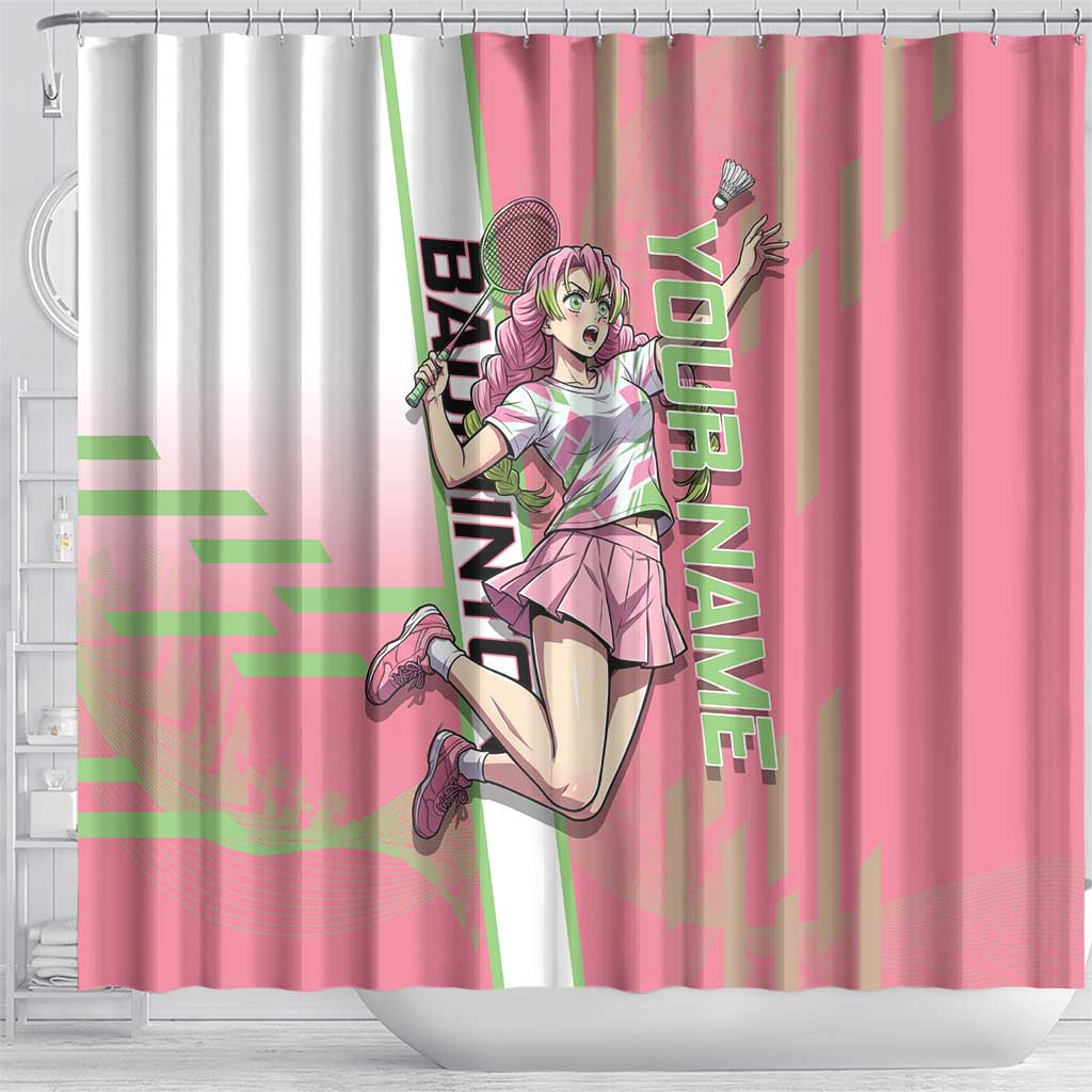 Personalized Mitsuri Kanroji Demon Slayer Badminton Shower Curtain with Racket Action Pose and Pink Green Graphic Design - The Mazicc