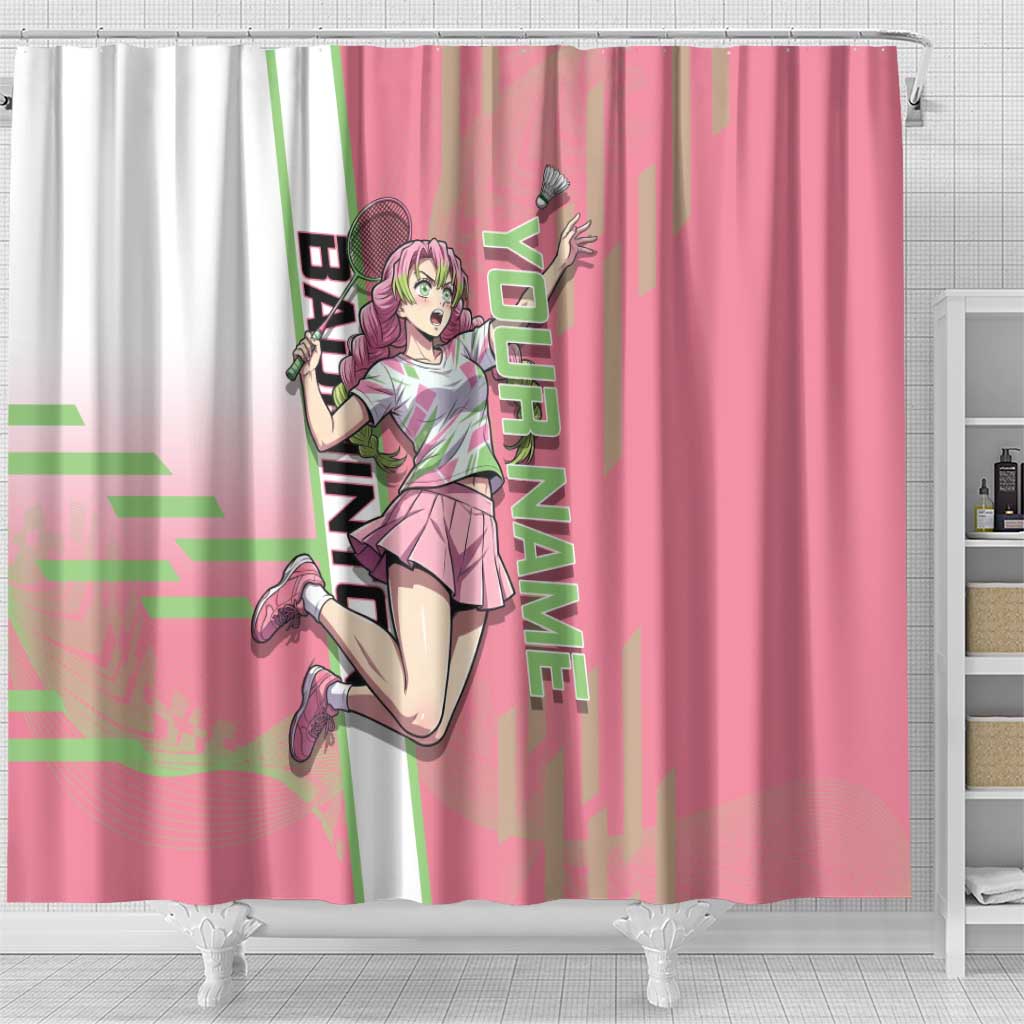 Personalized Mitsuri Kanroji Demon Slayer Badminton Shower Curtain with Racket Action Pose and Pink Green Graphic Design - The Mazicc