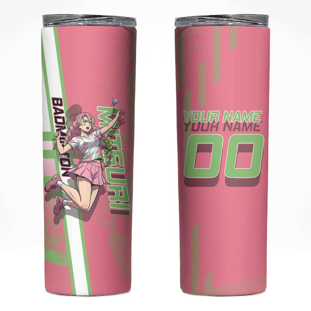 Personalized Mitsuri Kanroji Demon Slayer Badminton Skinny Tumbler with Racket Action Pose and Pink Green Graphic Design - The Mazicc