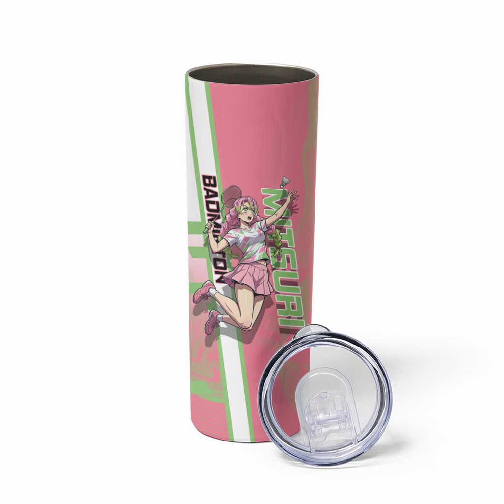 Personalized Mitsuri Kanroji Demon Slayer Badminton Skinny Tumbler with Racket Action Pose and Pink Green Graphic Design - The Mazicc