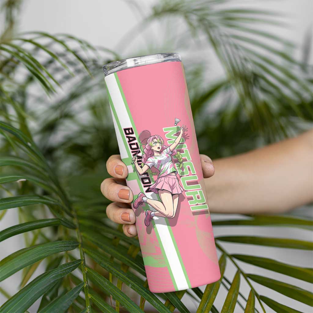 Personalized Mitsuri Kanroji Demon Slayer Badminton Skinny Tumbler with Racket Action Pose and Pink Green Graphic Design - The Mazicc
