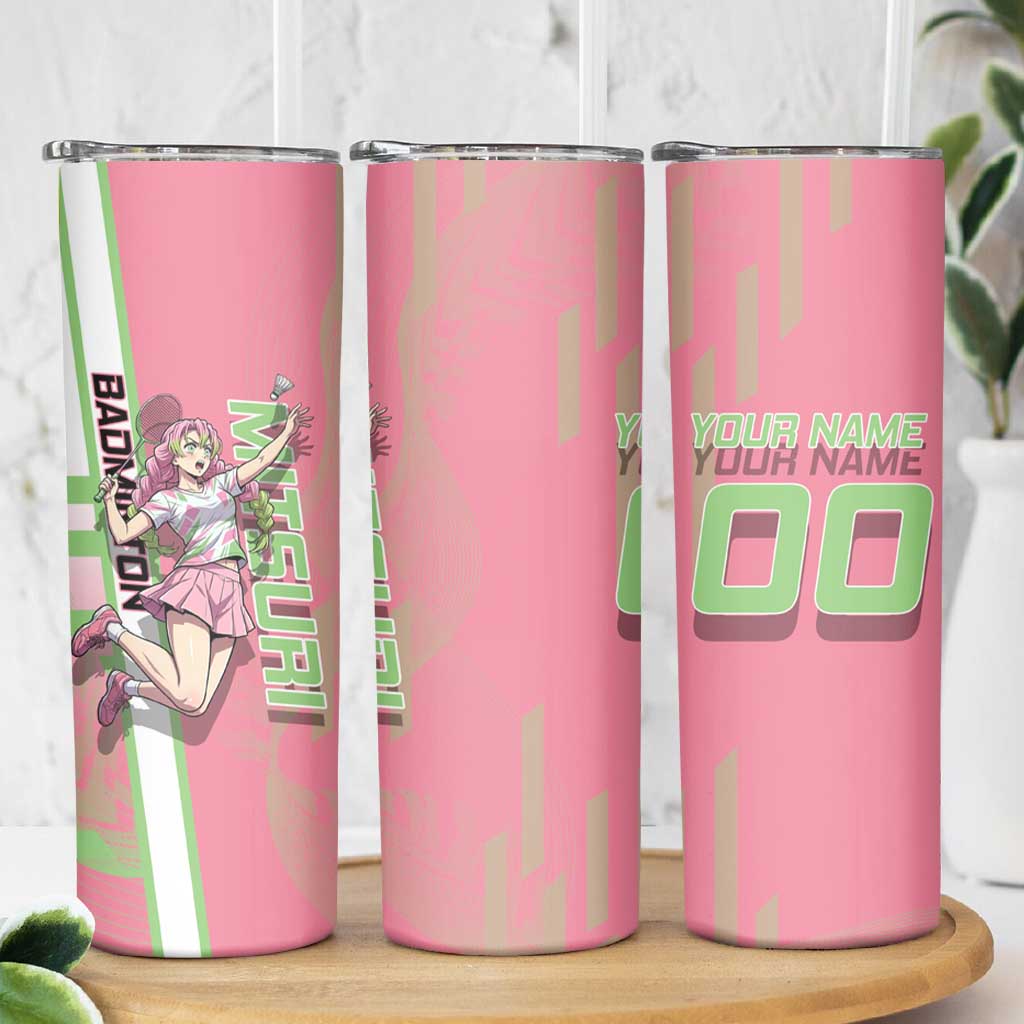 Personalized Mitsuri Kanroji Demon Slayer Badminton Skinny Tumbler with Racket Action Pose and Pink Green Graphic Design - The Mazicc