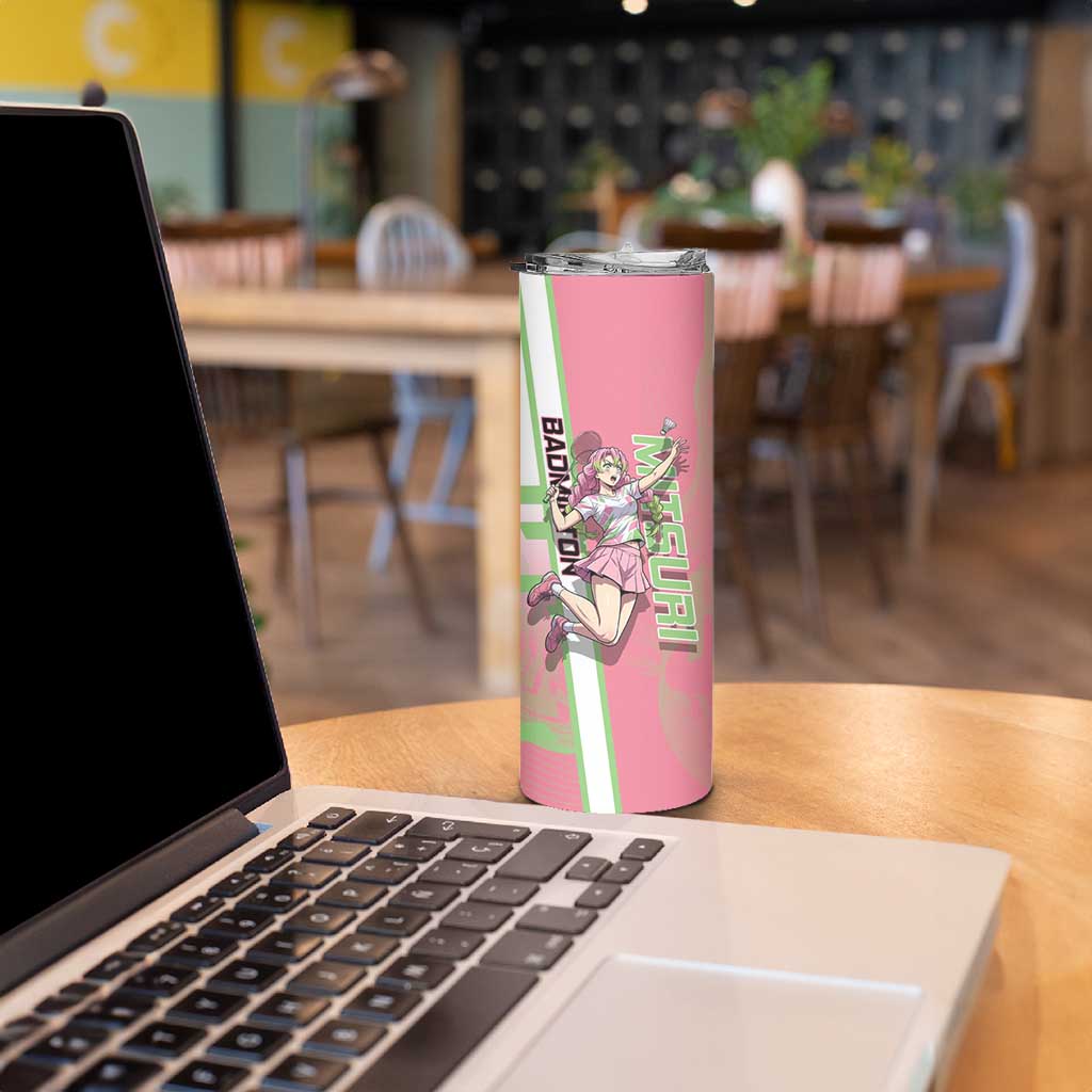 Personalized Mitsuri Kanroji Demon Slayer Badminton Skinny Tumbler with Racket Action Pose and Pink Green Graphic Design - The Mazicc