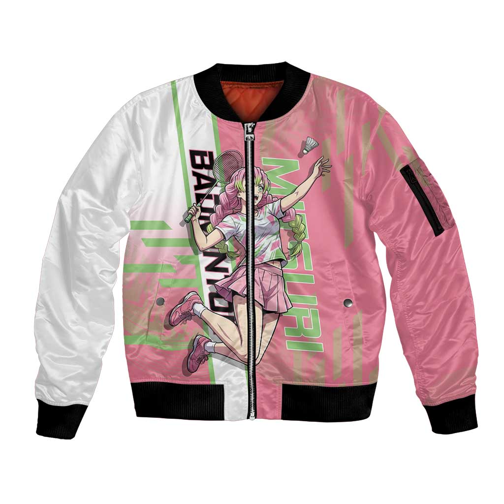 Personalized Mitsuri Kanroji Demon Slayer Badminton Sleeve Zip Bomber Jacket with Racket Action Pose and Pink Green Graphic Design - The Mazicc
