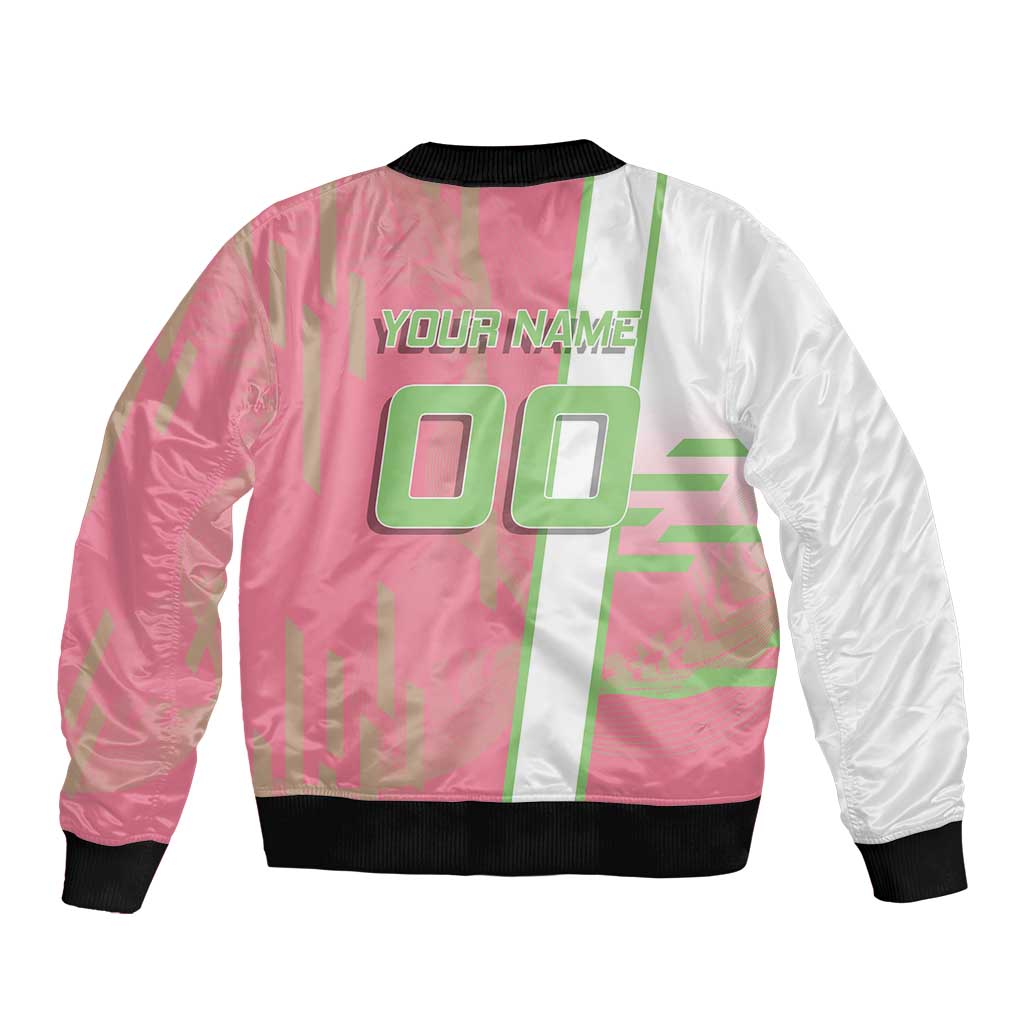Personalized Mitsuri Kanroji Demon Slayer Badminton Sleeve Zip Bomber Jacket with Racket Action Pose and Pink Green Graphic Design - The Mazicc
