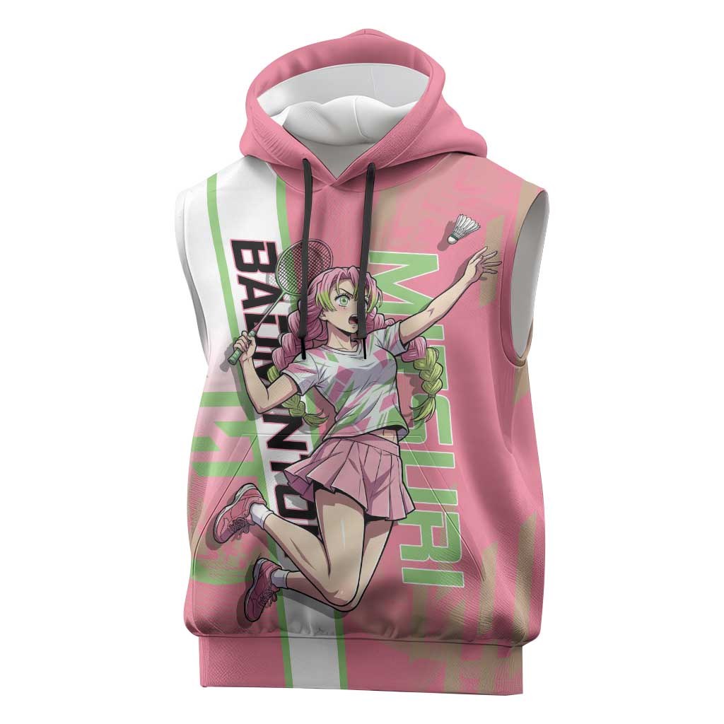 Personalized Mitsuri Kanroji Demon Slayer Badminton Sleeveless Hoodie with Racket Action Pose and Pink Green Graphic Design - The Mazicc