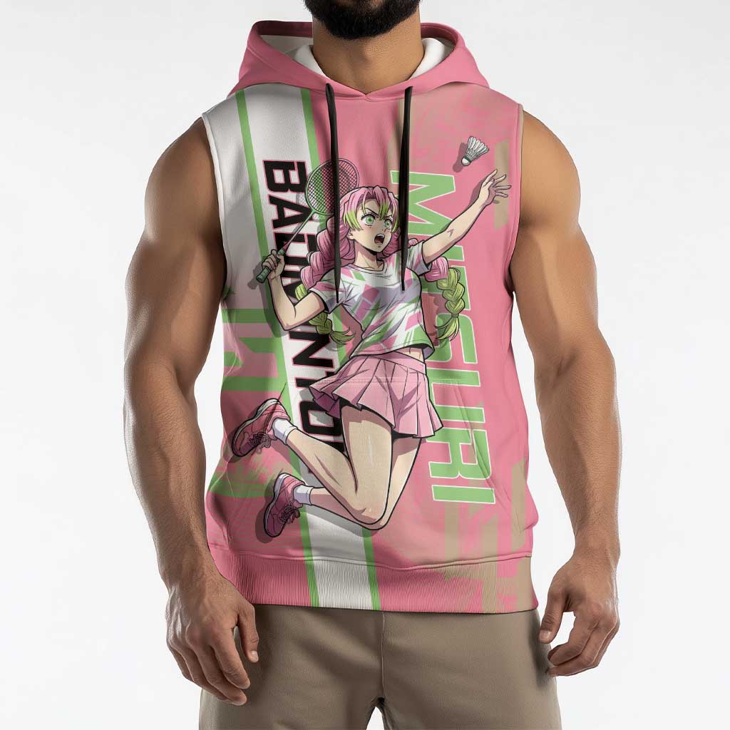 Personalized Mitsuri Kanroji Demon Slayer Badminton Sleeveless Hoodie with Racket Action Pose and Pink Green Graphic Design - The Mazicc