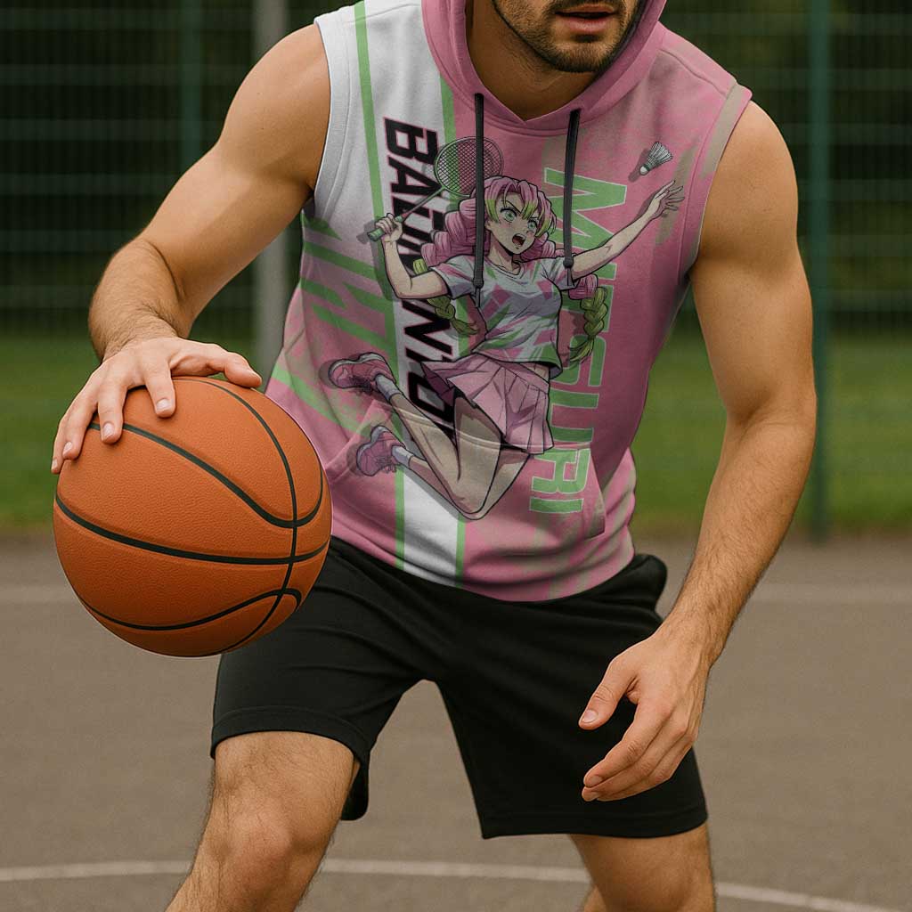 Personalized Mitsuri Kanroji Demon Slayer Badminton Sleeveless Hoodie with Racket Action Pose and Pink Green Graphic Design - The Mazicc