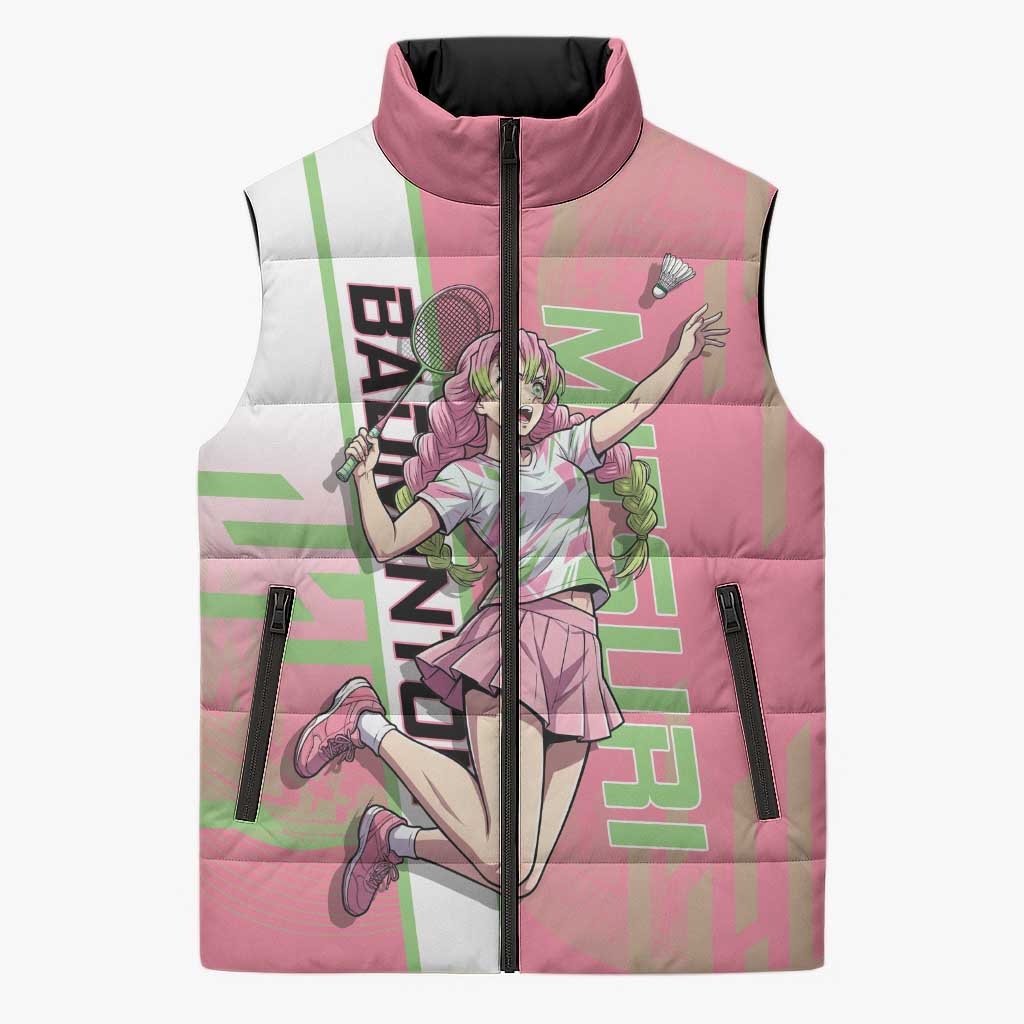 Personalized Mitsuri Kanroji Demon Slayer Badminton Sleeveless Puffer Jacket with Racket Action Pose and Pink Green Graphic Design - The Mazicc