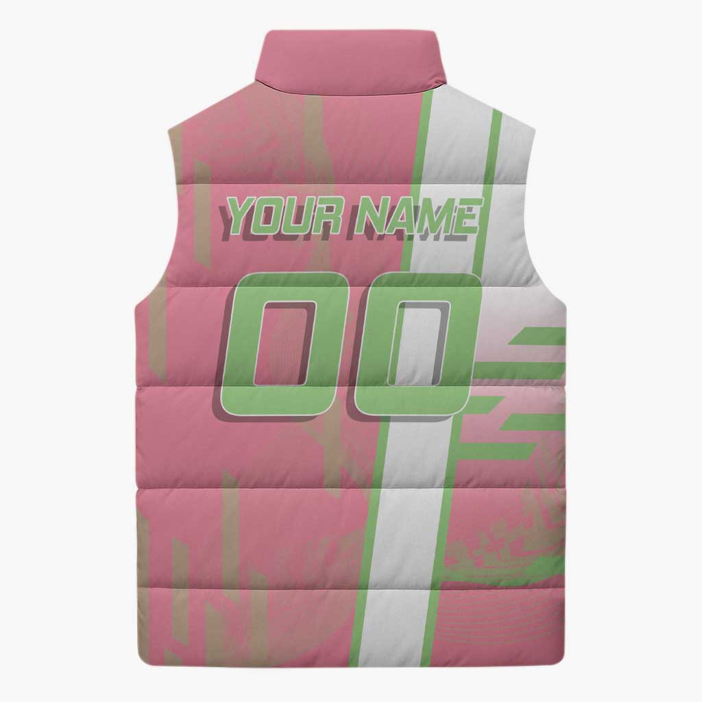 Personalized Mitsuri Kanroji Demon Slayer Badminton Sleeveless Puffer Jacket with Racket Action Pose and Pink Green Graphic Design - The Mazicc