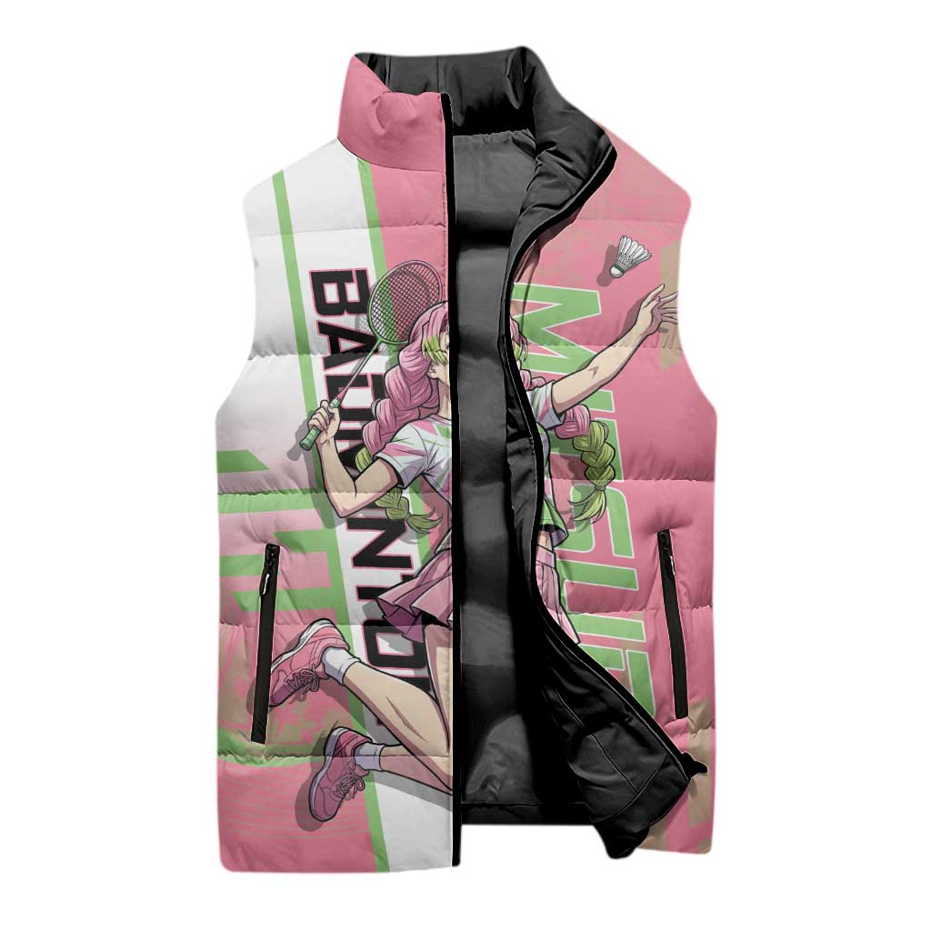 Personalized Mitsuri Kanroji Demon Slayer Badminton Sleeveless Puffer Jacket with Racket Action Pose and Pink Green Graphic Design - The Mazicc