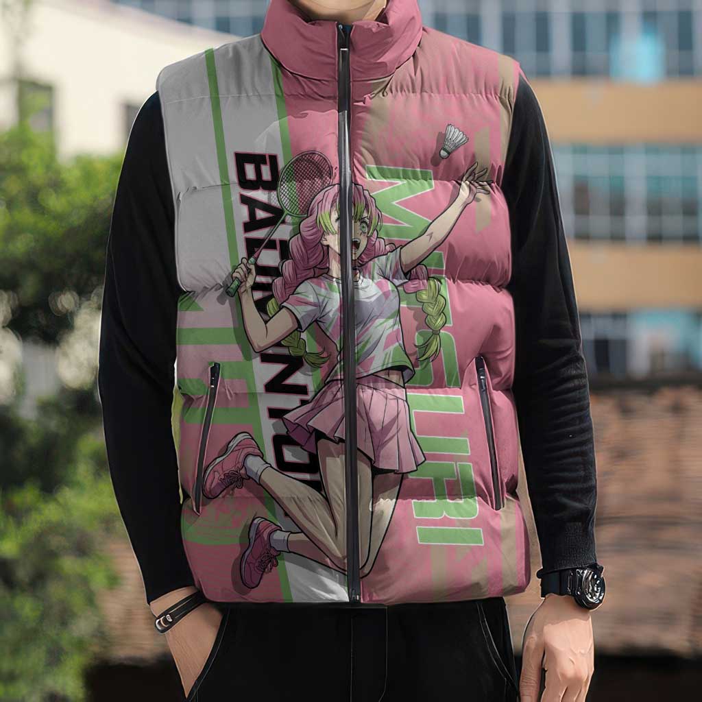 Personalized Mitsuri Kanroji Demon Slayer Badminton Sleeveless Puffer Jacket with Racket Action Pose and Pink Green Graphic Design - The Mazicc