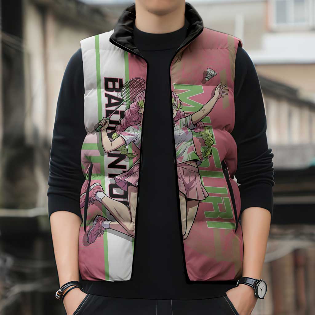 Personalized Mitsuri Kanroji Demon Slayer Badminton Sleeveless Puffer Jacket with Racket Action Pose and Pink Green Graphic Design - The Mazicc