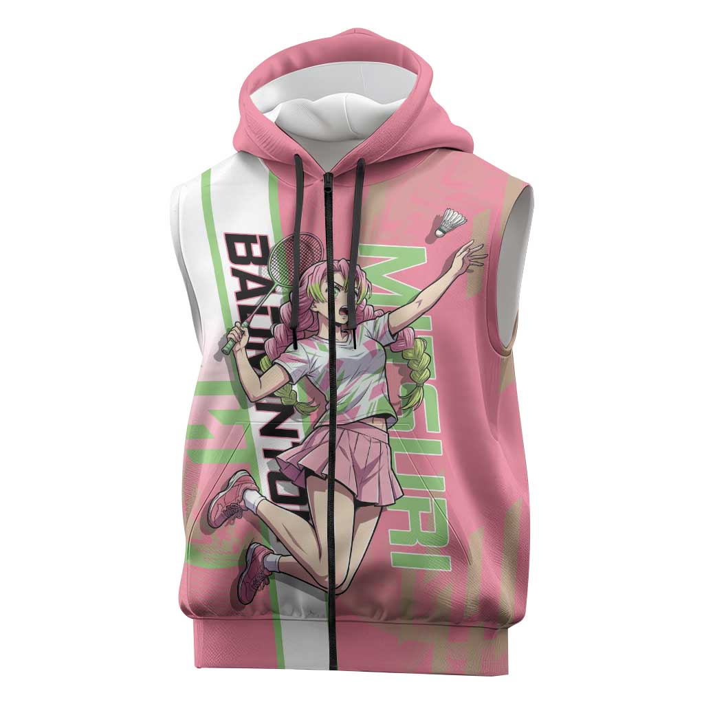 Personalized Mitsuri Kanroji Demon Slayer Badminton Sleeveless Zip Hoodie with Racket Action Pose and Pink Green Graphic Design - The Mazicc