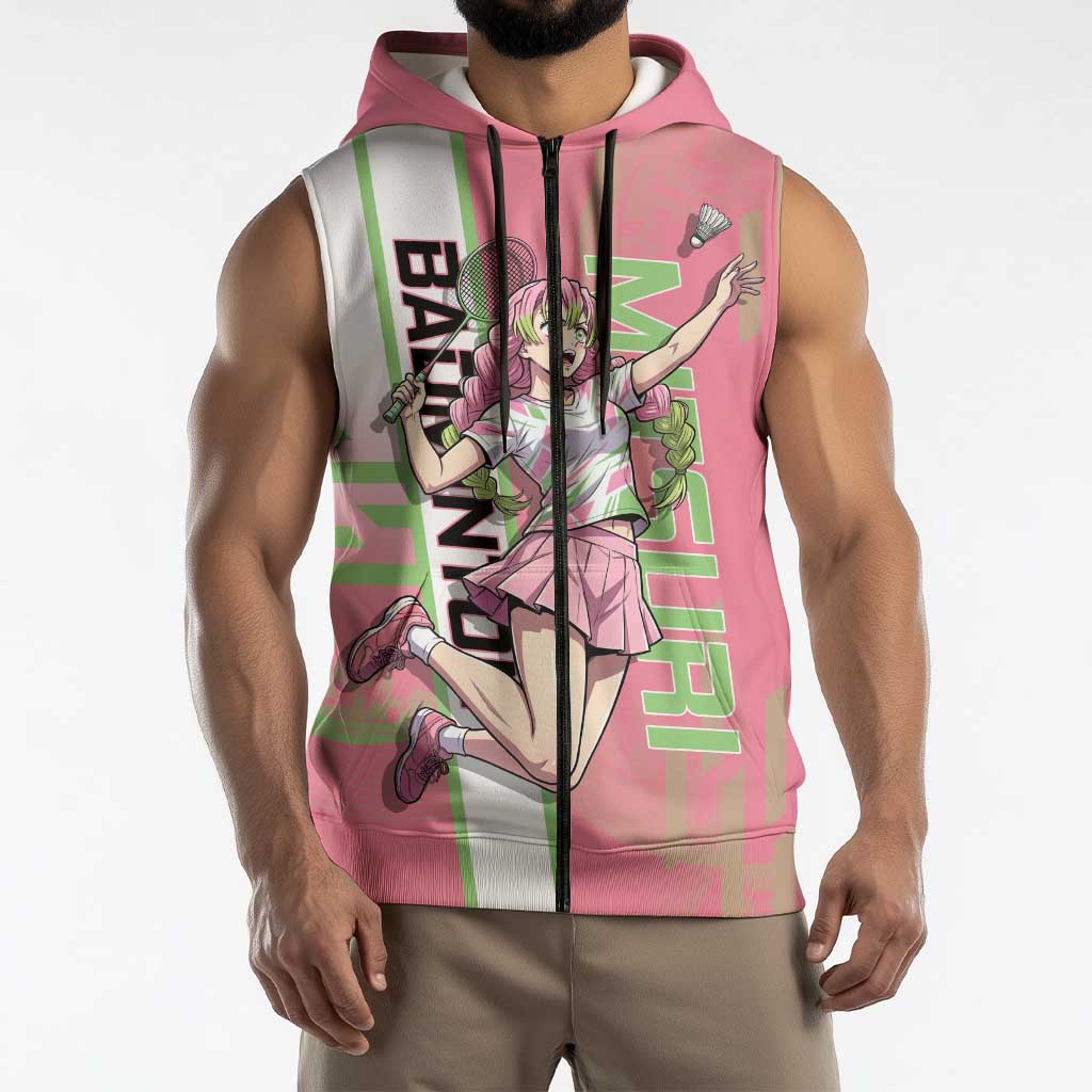 Personalized Mitsuri Kanroji Demon Slayer Badminton Sleeveless Zip Hoodie with Racket Action Pose and Pink Green Graphic Design - The Mazicc