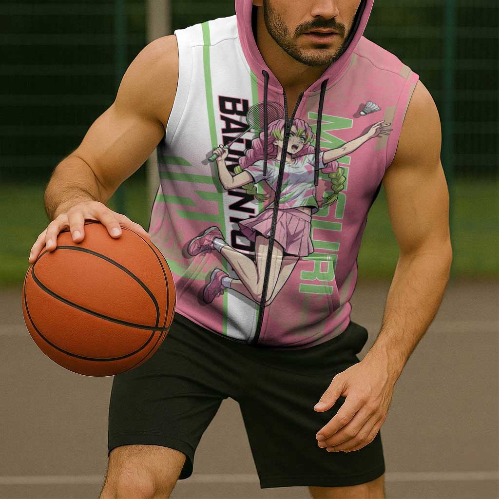 Personalized Mitsuri Kanroji Demon Slayer Badminton Sleeveless Zip Hoodie with Racket Action Pose and Pink Green Graphic Design - The Mazicc