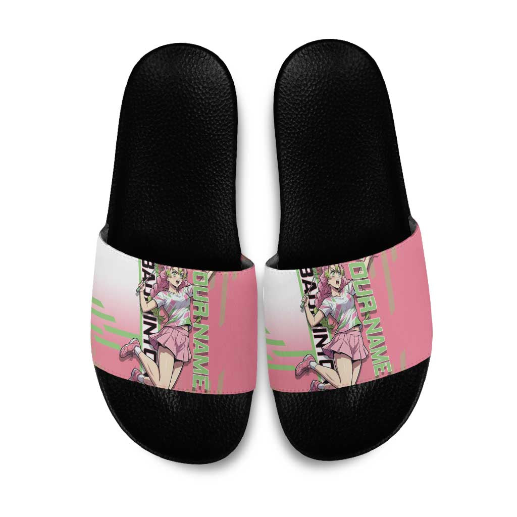 Personalized Mitsuri Kanroji Demon Slayer Badminton Slide Sandals with Racket Action Pose and Pink Green Graphic Design - The Mazicc