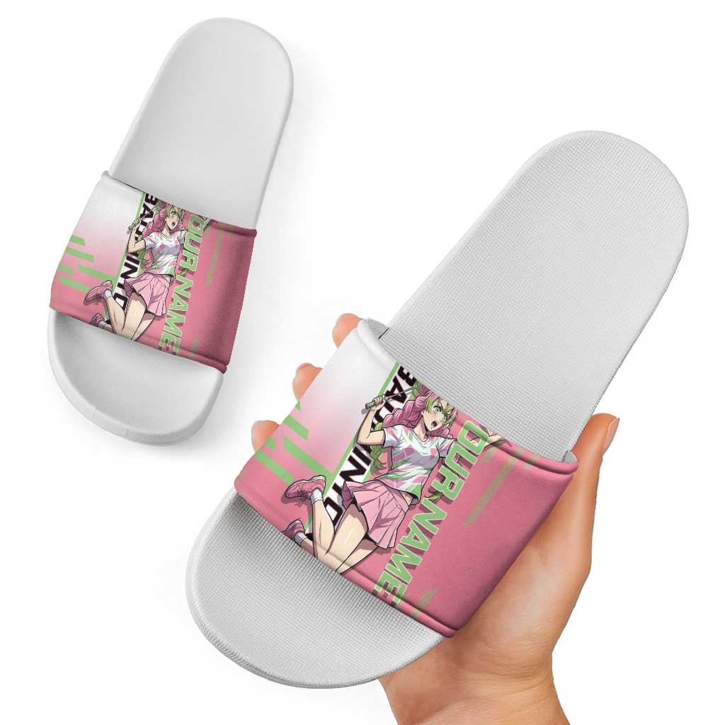 Personalized Mitsuri Kanroji Demon Slayer Badminton Slide Sandals with Racket Action Pose and Pink Green Graphic Design - The Mazicc
