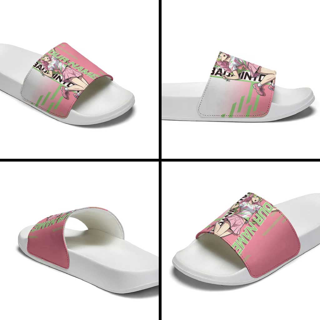 Personalized Mitsuri Kanroji Demon Slayer Badminton Slide Sandals with Racket Action Pose and Pink Green Graphic Design - The Mazicc