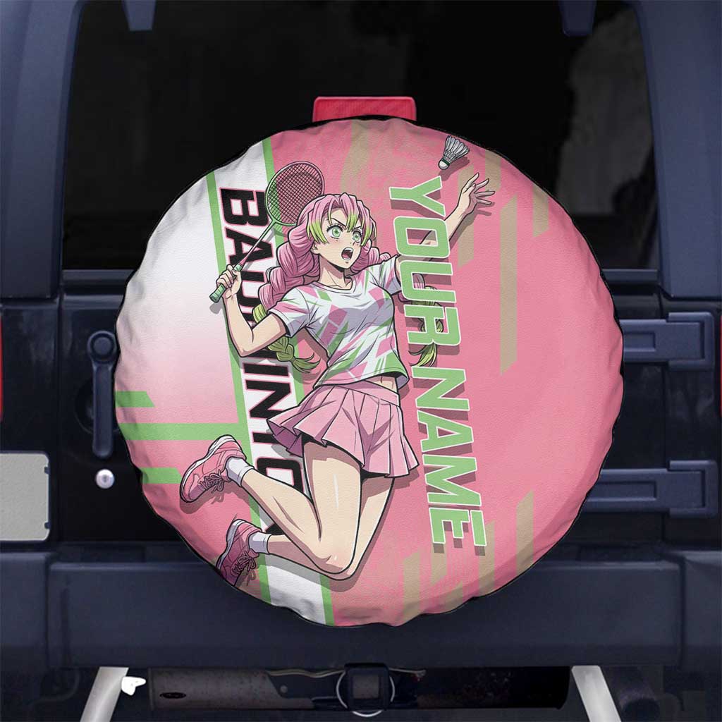 Personalized Mitsuri Kanroji Demon Slayer Badminton Spare Tire Cover with Racket Action Pose and Pink Green Graphic Design - The Mazicc